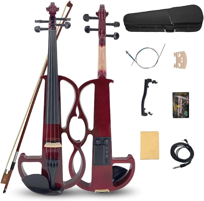ModouString 4/4 Full Size Electric Violin – Silent Electric Violin with Headphone Jack, Ebony Fittings – Includes Case, Bow, – Ideal for Practice & Performance (Red) - Image 1